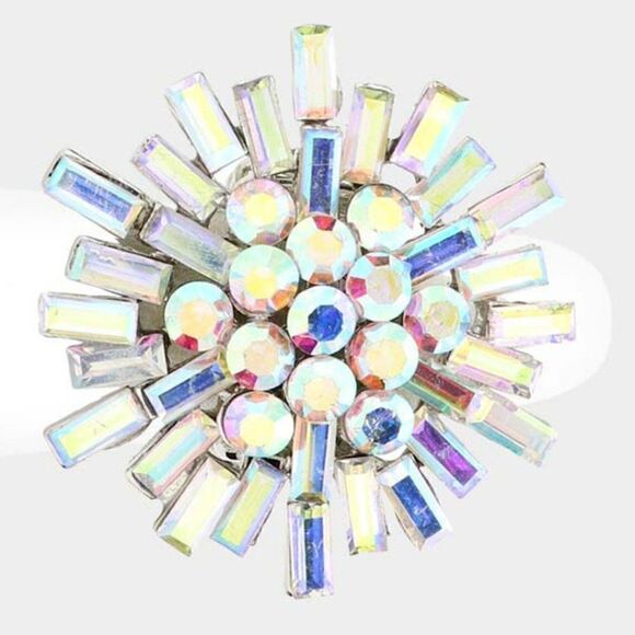 Round Rectangle Abalone Stone Cluster Rhodium Stretch Ring NWT - Picture 3 of 6